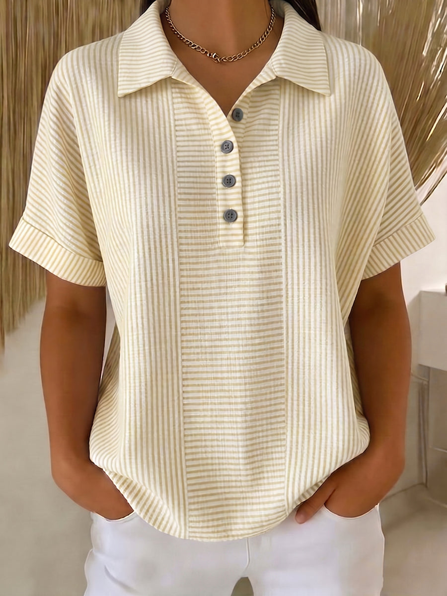 Artistic Cut Striped Cotton-linen Polo Collar Shirt Blouse
