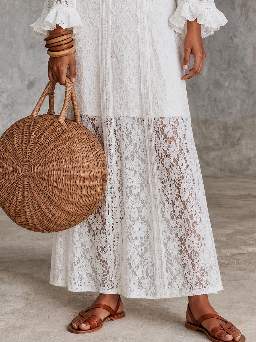 Coastal Boho Sheer Lace Long Sleeve Maxi Dress
