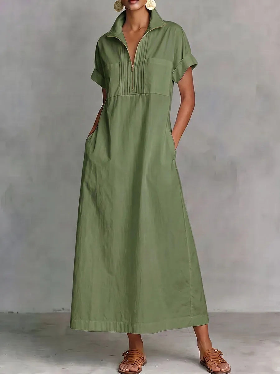 Zipper Solid Color Pockets Sleeveless High Waisted V-neck Maxi Dresses