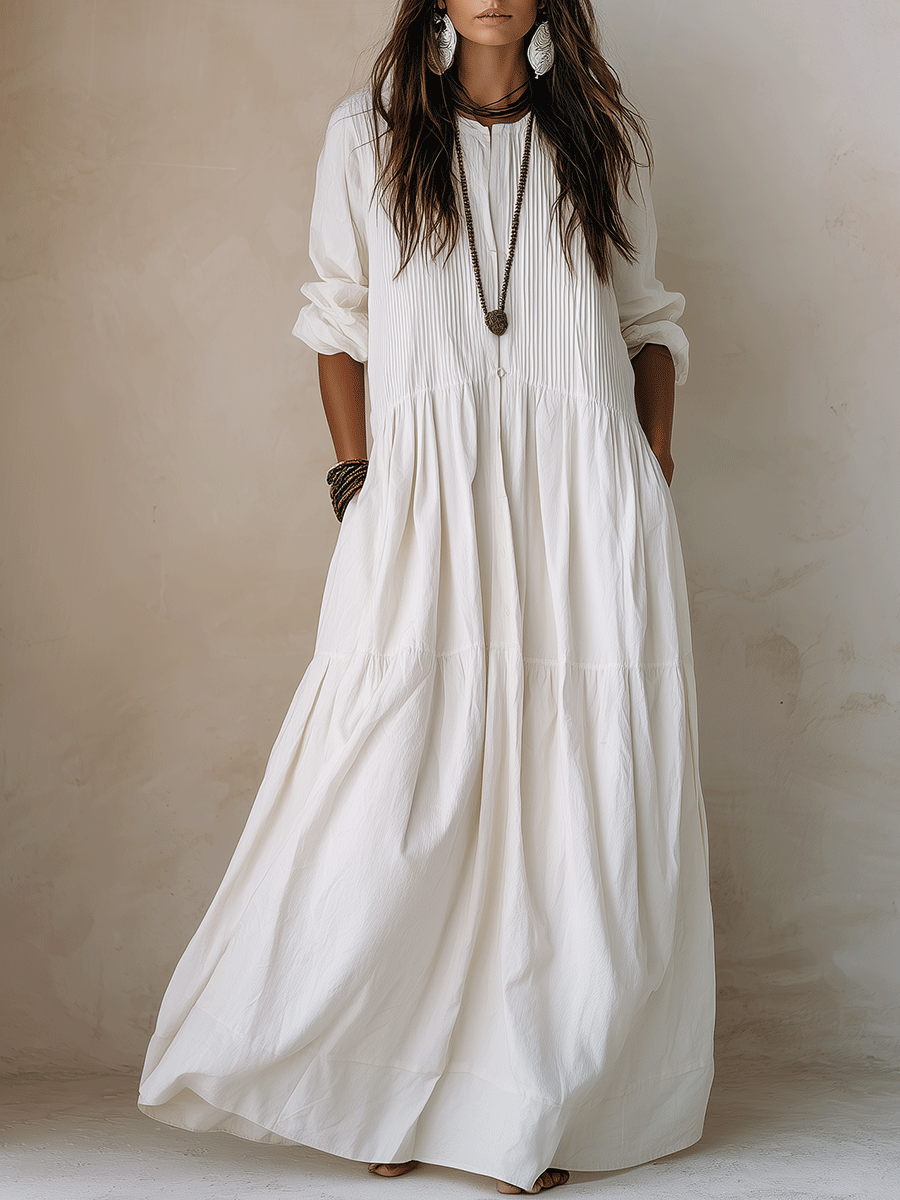 Coastal Chic Soft Cotton Oversized Off-White Smock Maxi Dress