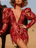 Fashion Deep V-Neck Puff Sleeve See-Through Tasseled Evening Mini Dress