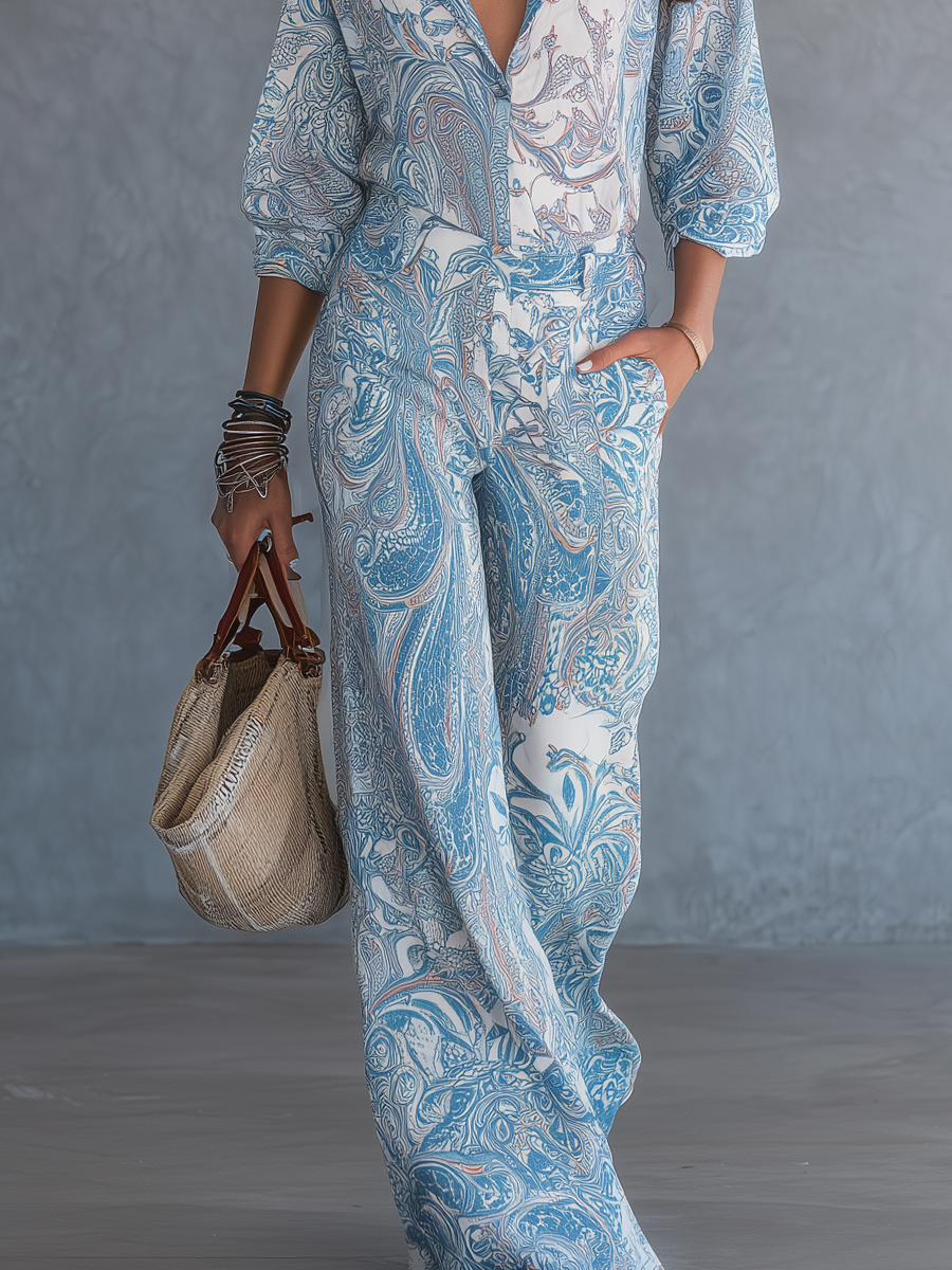 Bohemian Style Sky Blue Paisley Print Wide-leg Pants Suit