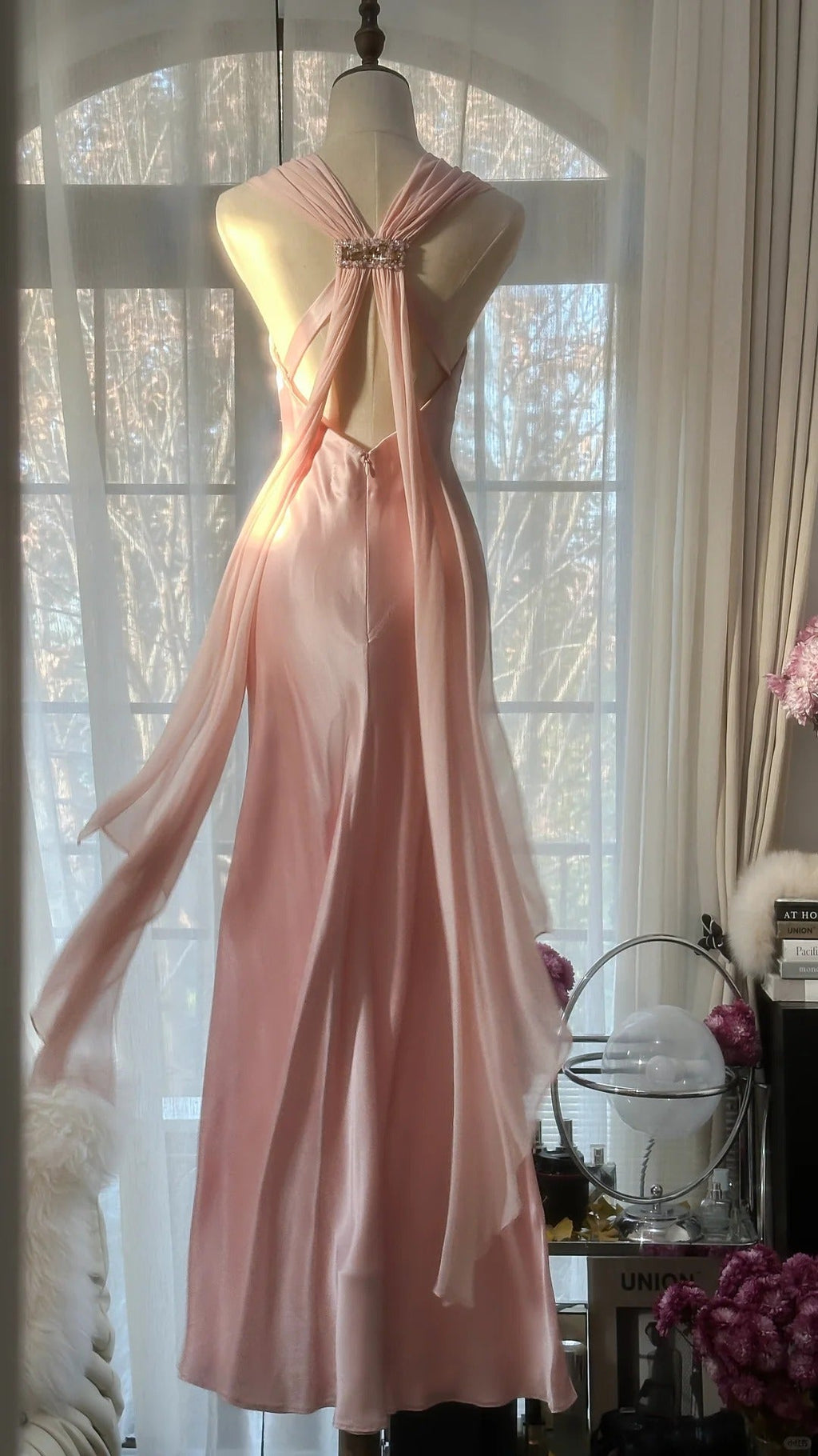 Pink Elegant Exquisite Rhinestone Long Satin Chiffon Ball Gown Evening Dress Party Dress Birthday Dress Date Dress 4163