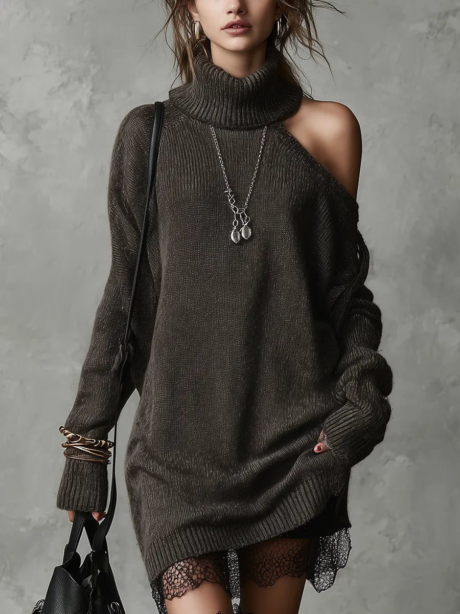 Bohemian Charcoal Gray Off-shoulder Lace Sweater
