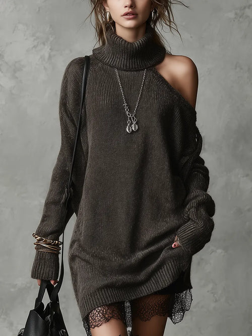 Bohemian Charcoal Gray Off-shoulder Lace Sweater