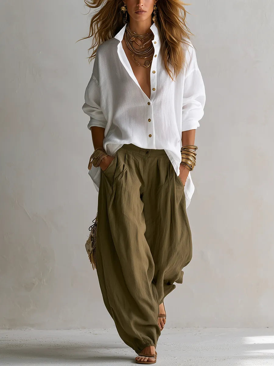 Linen Shirt Paired With Olive Green Lantern Pants Suit