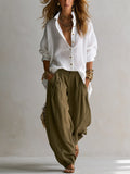 Linen Shirt Paired With Olive Green Lantern Pants Suit