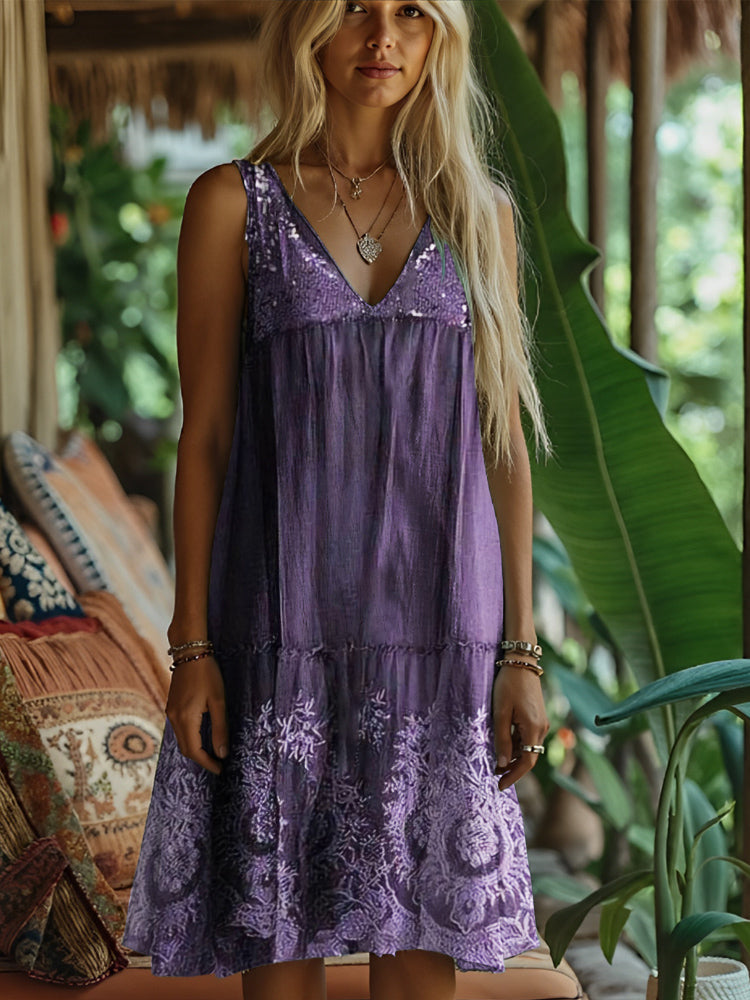 Lace Floral Patchwork Art Women's Linen Vest Dress