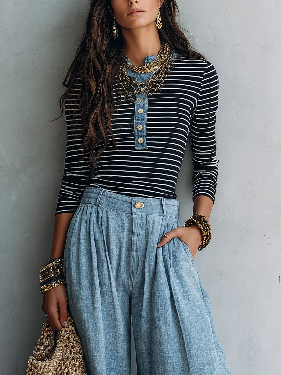 Modern Bohemian Henley Stripe Tee & Chambray Wide Leg Pants Set