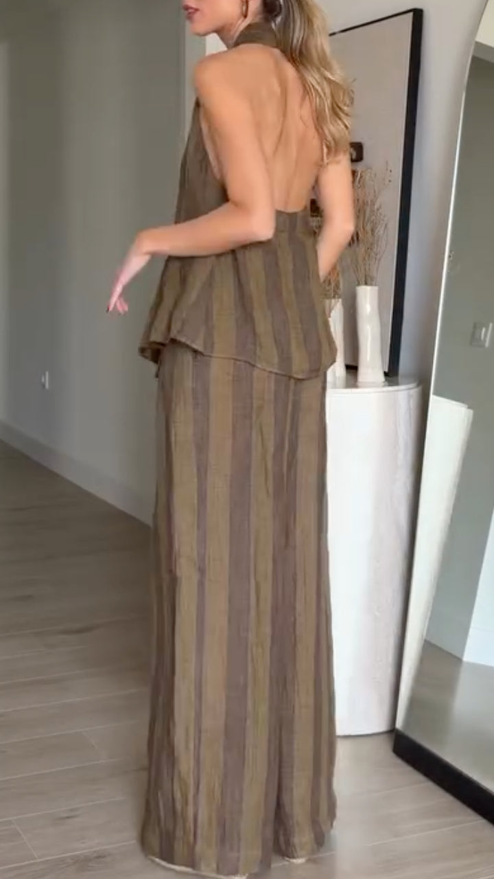 Olive Green Striped Linen Halter Neck 2 Piece Set