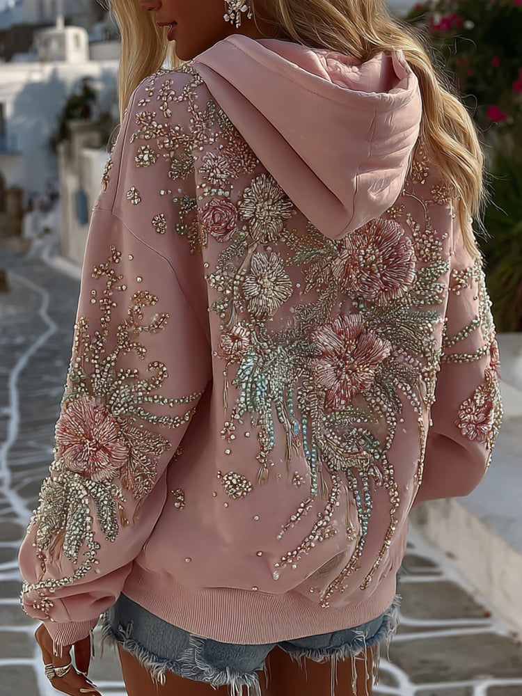Women's Vintage Rose Floral Embroidery Art Casual Hoodie