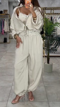 Beige Satin Zip Up Hoodie and JoggersLeg Pants 2 Piece Set