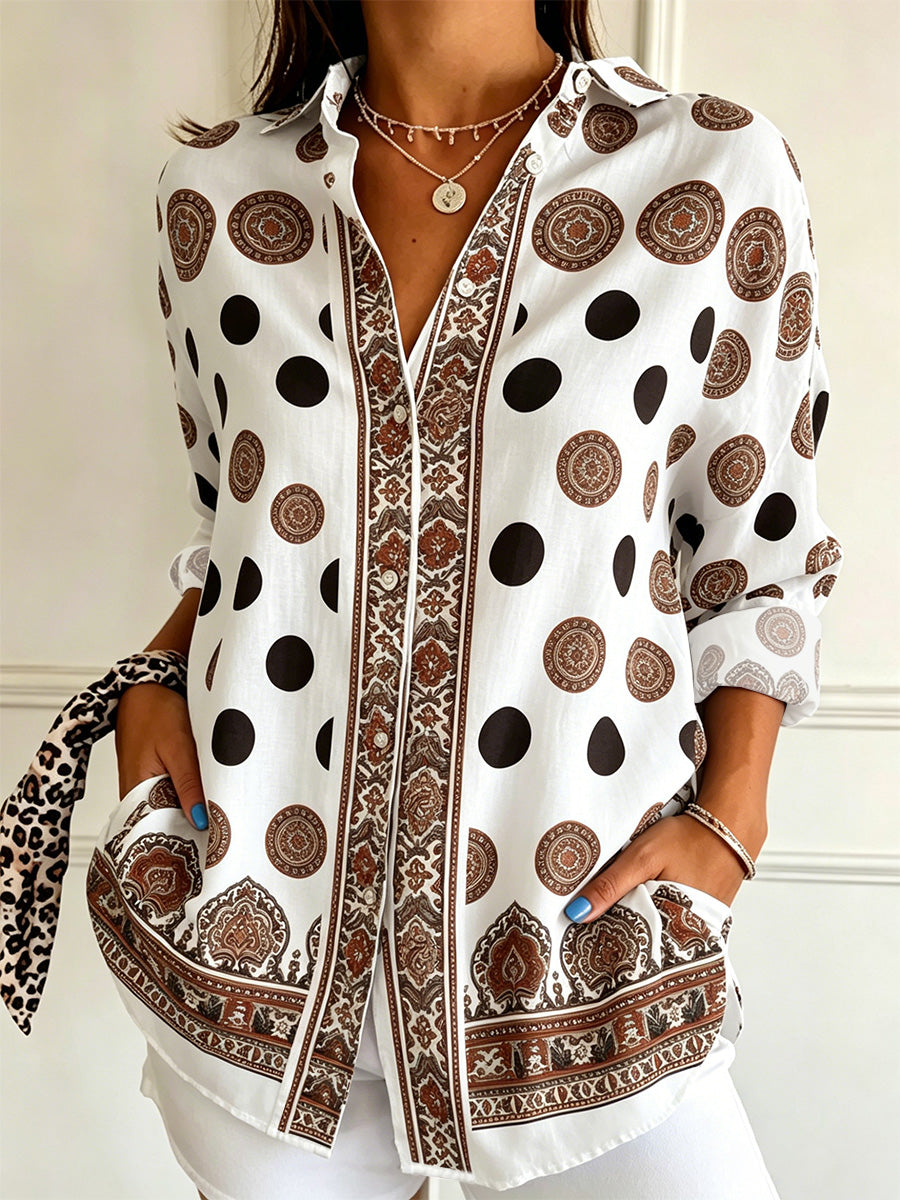 Women's Vintage-style Long-sleeve Casual Shirt With Totem And Polka Dot Print