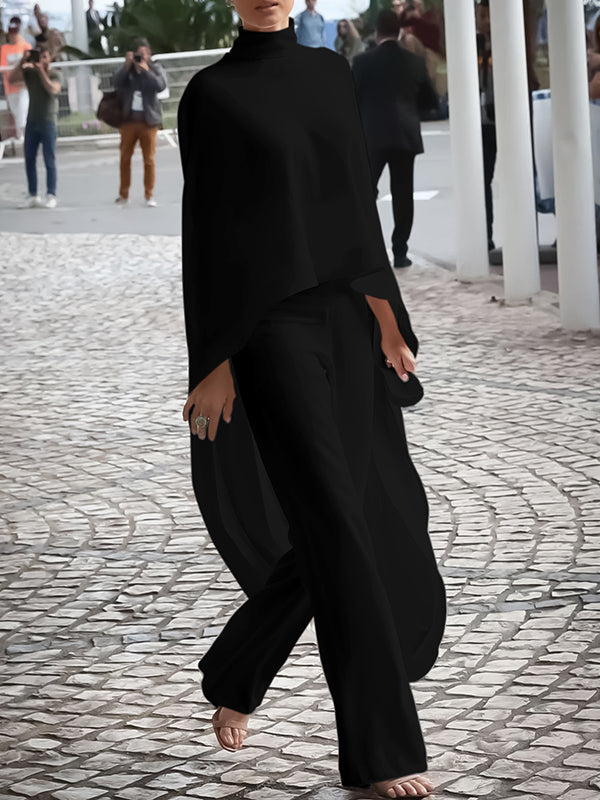 Solid Color High-low Loose High-neck Two Pieces Set Pants Set