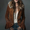 Rustic Western Suede Blazer | Bohemian Faux Fur Collar & Bell Sleeve Jacket ✨