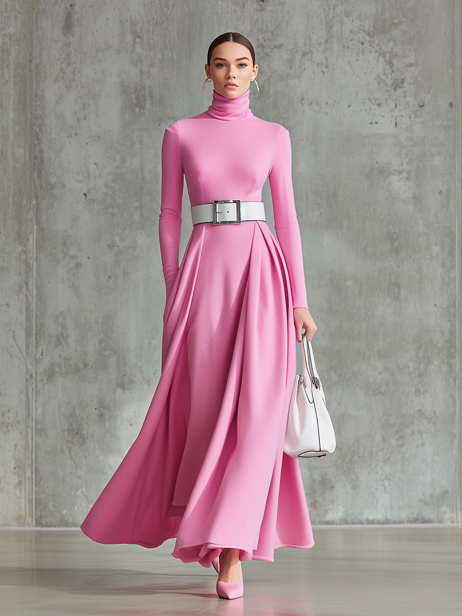 Elegant Pink High Collar And Large Skirt Maxi Dress