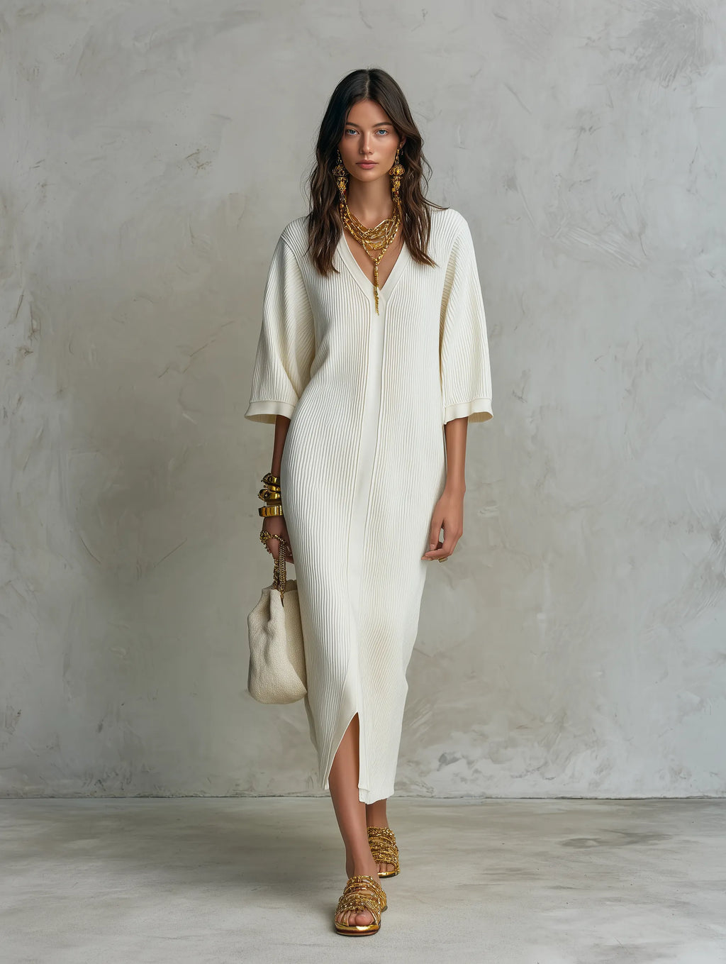 Ribbed Knit V-Neck With Batwing Sleeves Midi Dress
