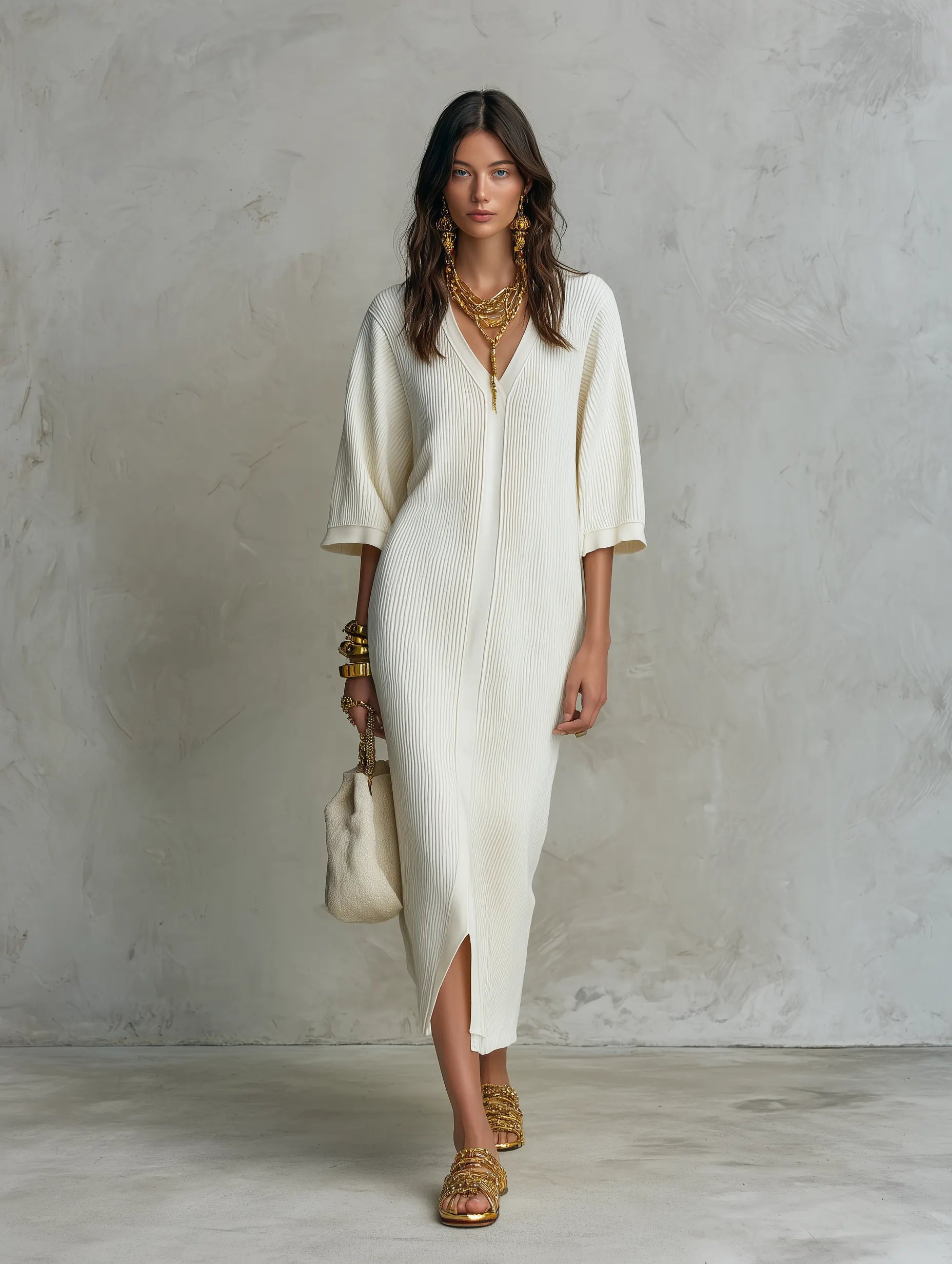 Ribbed Knit V-Neck With Batwing Sleeves Midi Dress