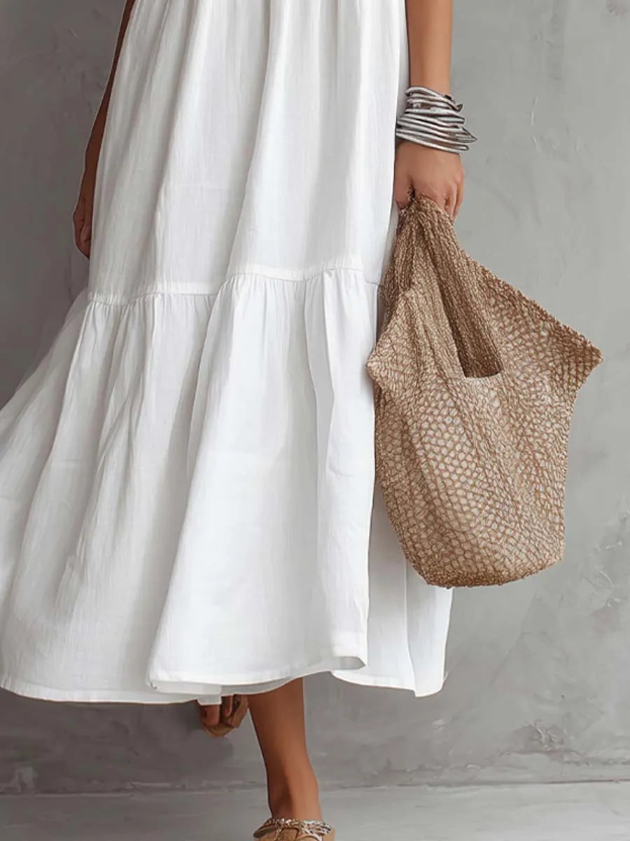 Square Neck Spaghetti Strap Cotton-linen Midi Dress