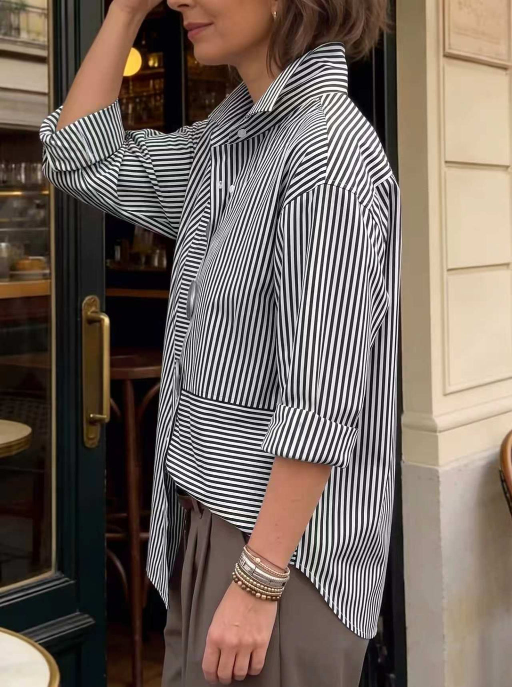 Striped Split-Joint Contrast Color Buttoned Loose Long Sleeves Lapel Blouses&shirts Tops