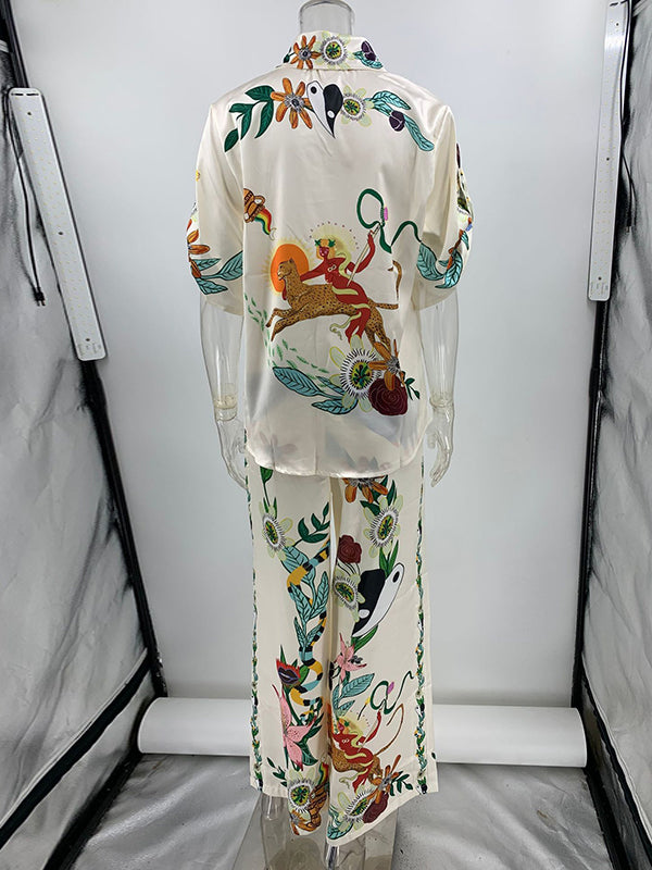 Buttoned Drawstring Elasticity Flower Print Pockets Half Sleeves Loose Lapel Two Pieces Set Pants Set