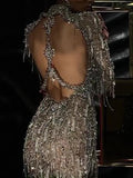 Sequined Long Sleeve Loose Tasseled Backless Fashion Evening Mini Dress