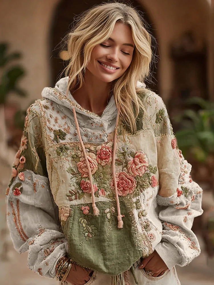 Women's Rose Embroidery Patchwork Art Hooded Sweatshirt