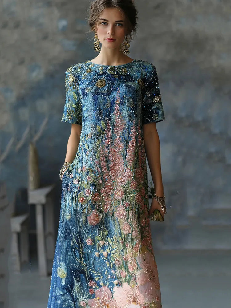 Art Oil Painting Floral Sequin Gradient Maxi Dress