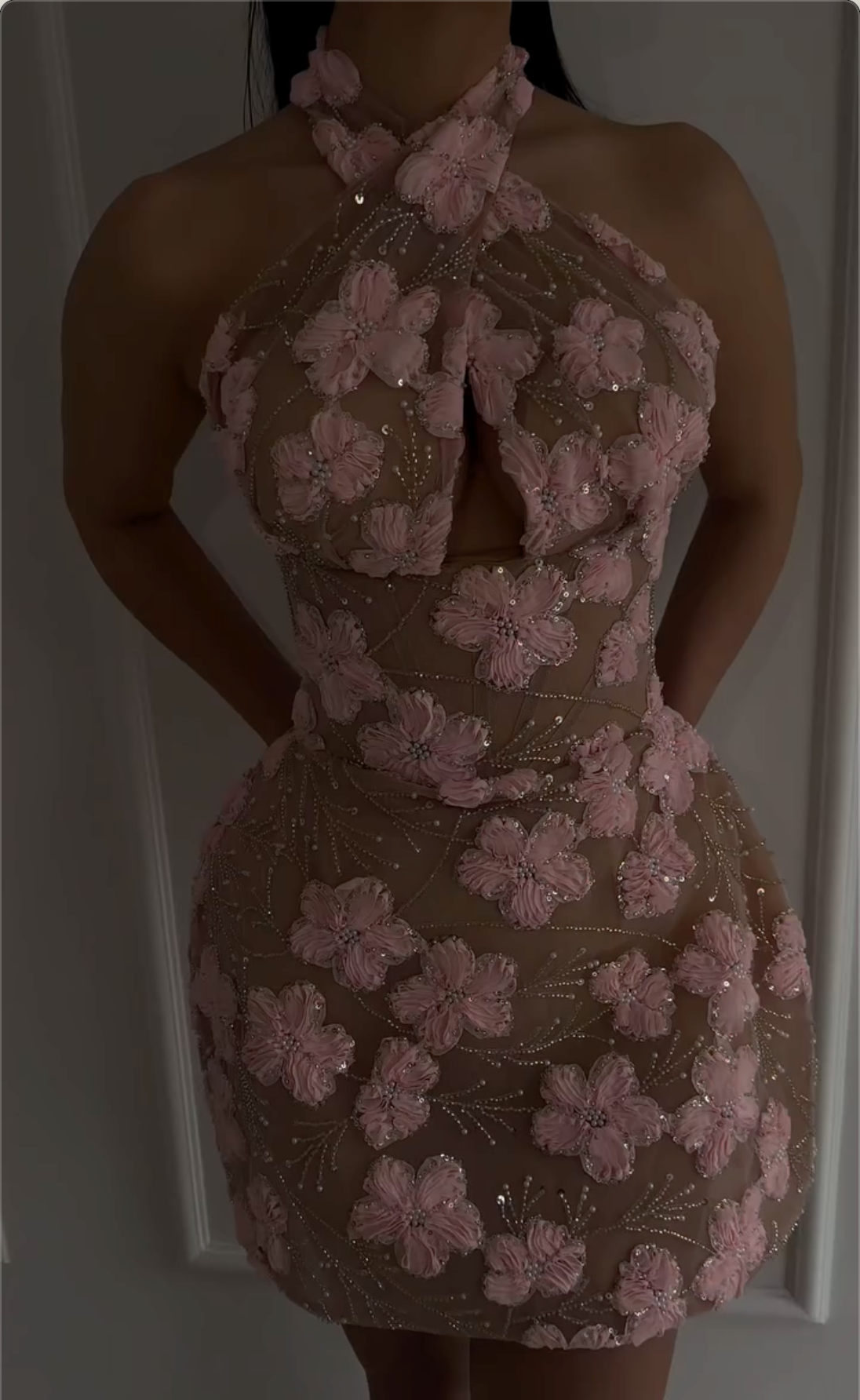 Pink 3D Floral Halter Neck Sheer Mesh Bodycon Mini Dress