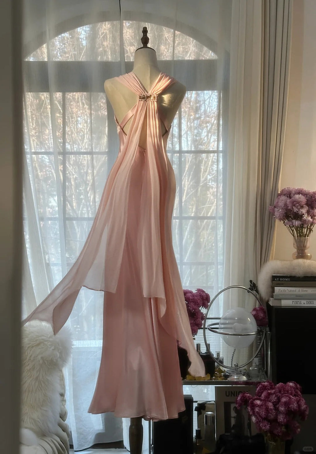 Pink Elegant Exquisite Rhinestone Long Satin Chiffon Ball Gown Evening Dress Party Dress Birthday Dress Date Dress 4163