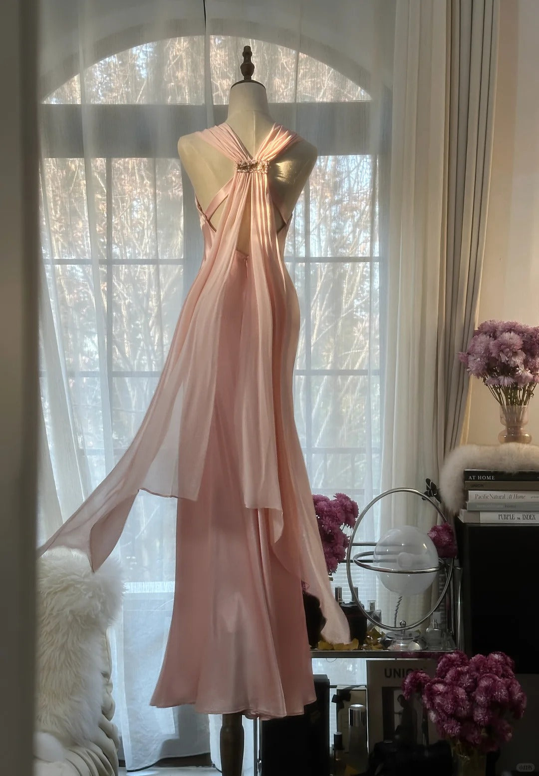 Pink Elegant Exquisite Rhinestone Long Satin Chiffon Ball Gown Evening Dress Party Dress Birthday Dress Date Dress 4163