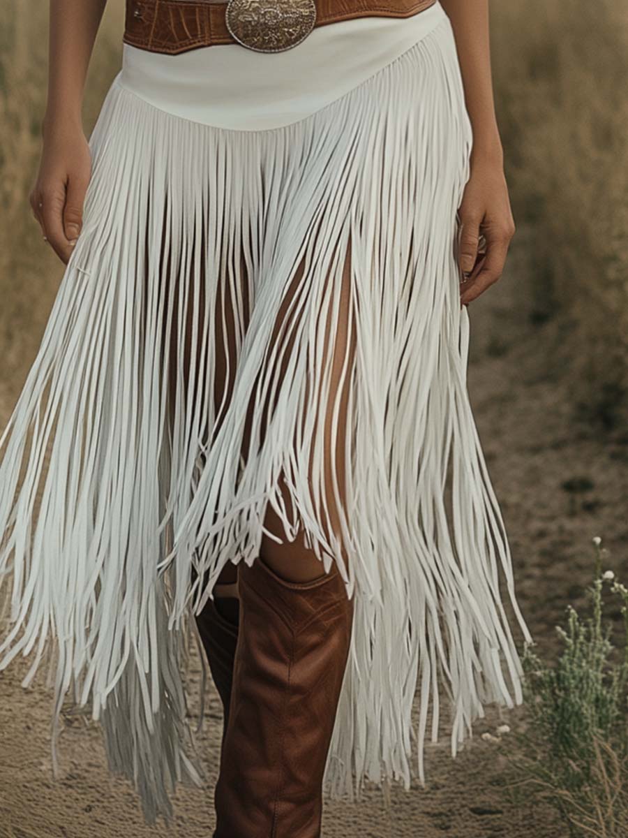 [24-hour shipping out]Retro Premium Western Style Brown Belt White Suede Tassel Skirt