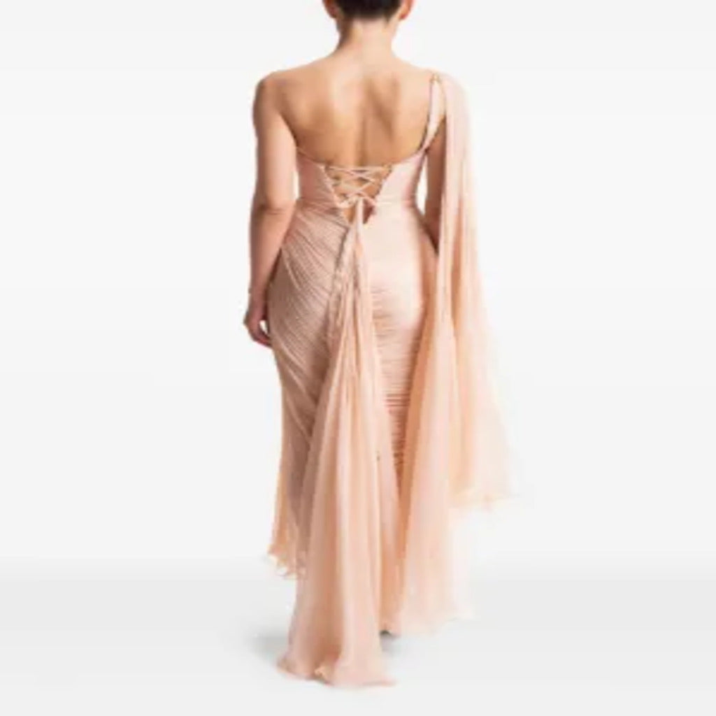 🌸 Abito monospalla rosa antico in chiffon plissettato