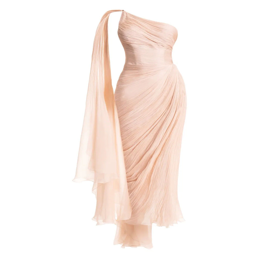 🌸 Abito monospalla rosa antico in chiffon plissettato