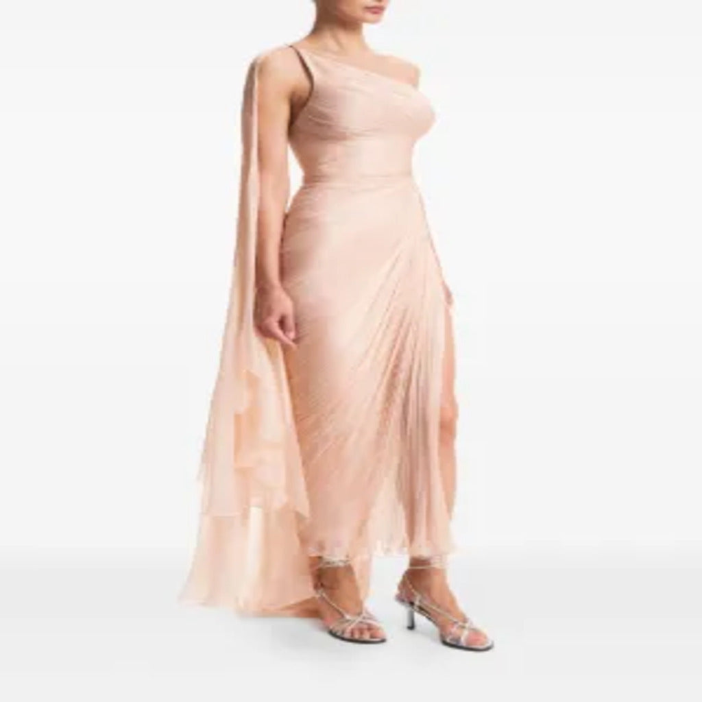 🌸 Abito monospalla rosa antico in chiffon plissettato
