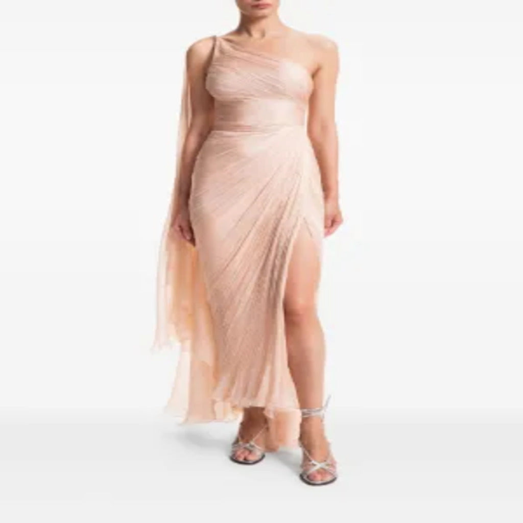 🌸 Abito monospalla rosa antico in chiffon plissettato
