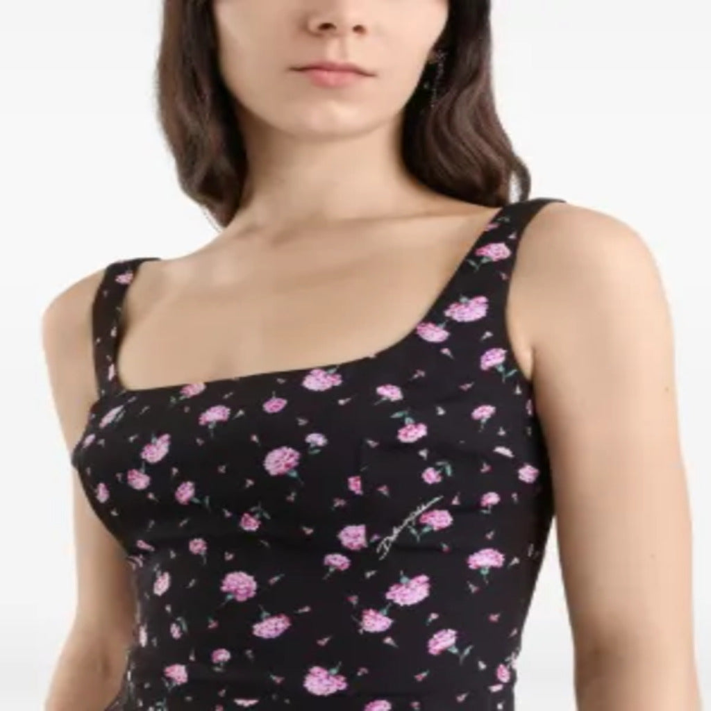 🌺 Abito midi nero con stampa di garofani rosa