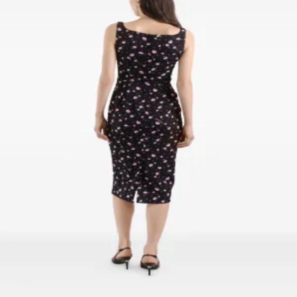 🌺 Abito midi nero con stampa di garofani rosa
