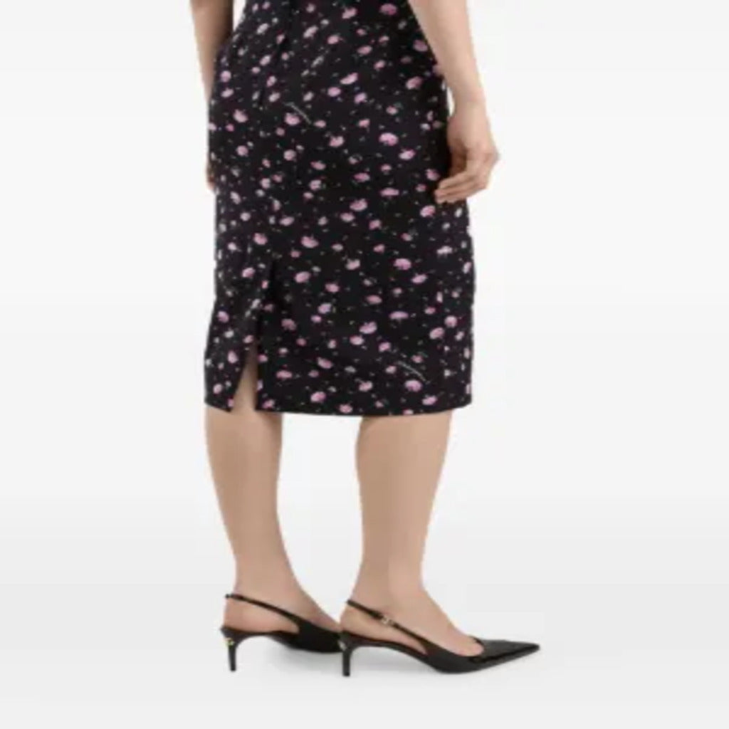 🌺 Abito midi nero con stampa di garofani rosa