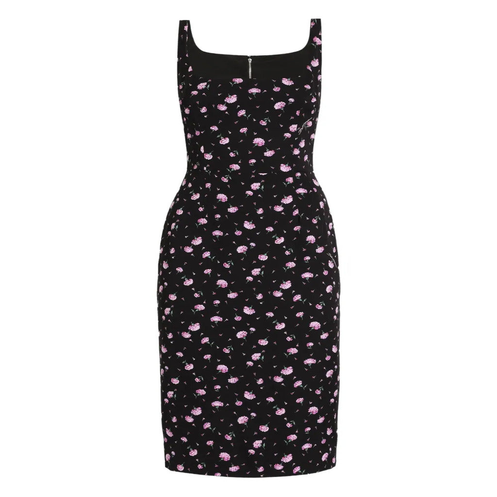 🌺 Abito midi nero con stampa di garofani rosa