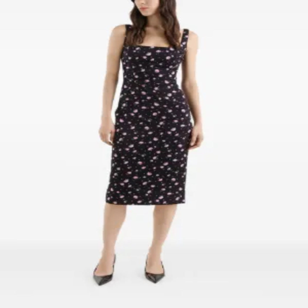 🌺 Abito midi nero con stampa di garofani rosa