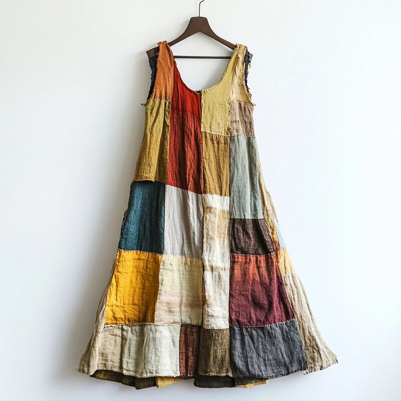 Vintage Multicolor Patchwork Linen Blend Dress 3113