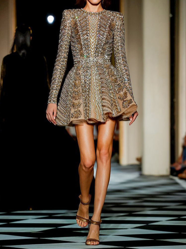 Bohemia Long Sleeves Ruffled Beaded Embroidered A-Line Mini Dresses