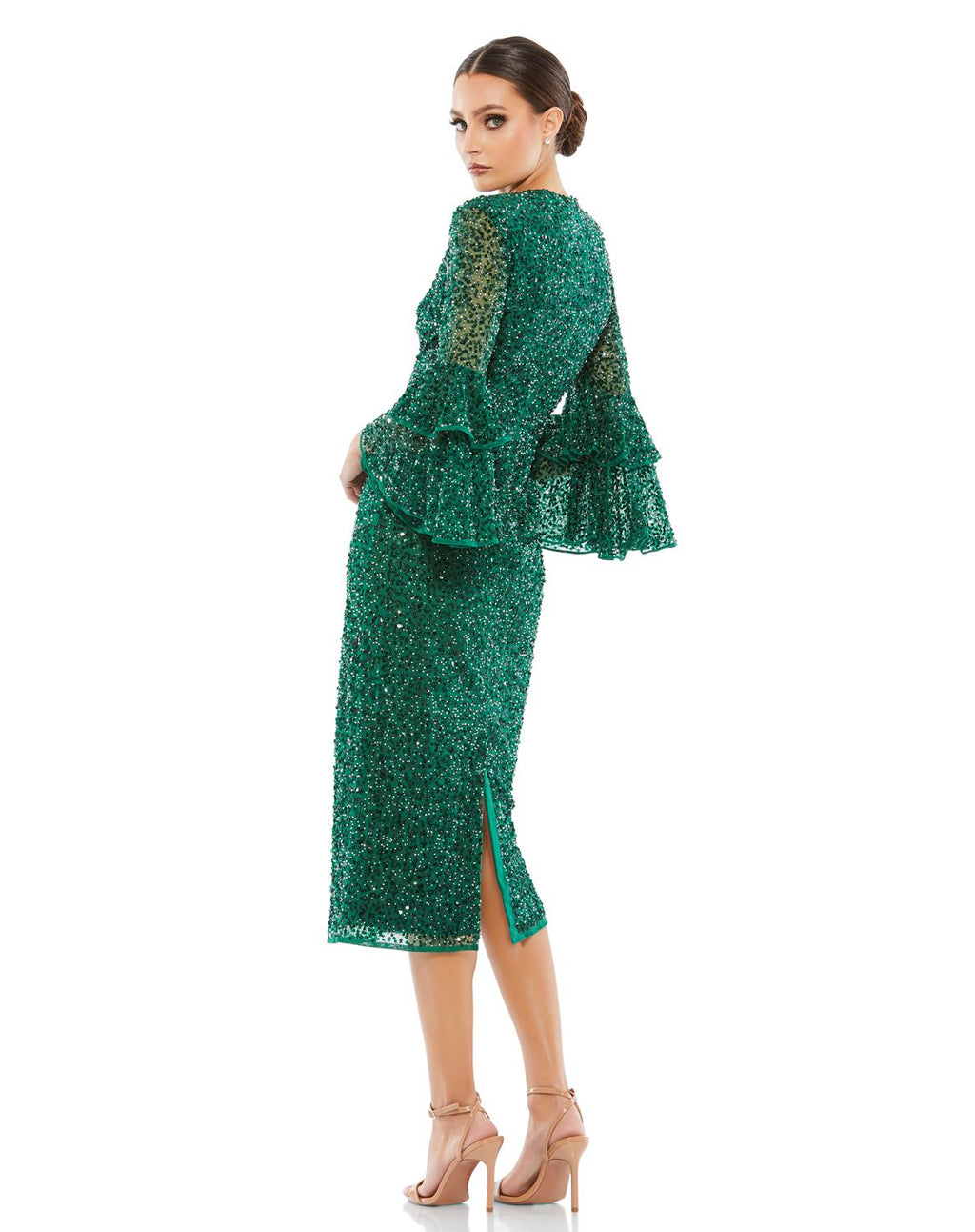 Fully Sequined Ruffle Tiered 3/4 Sleeve Midi Dress