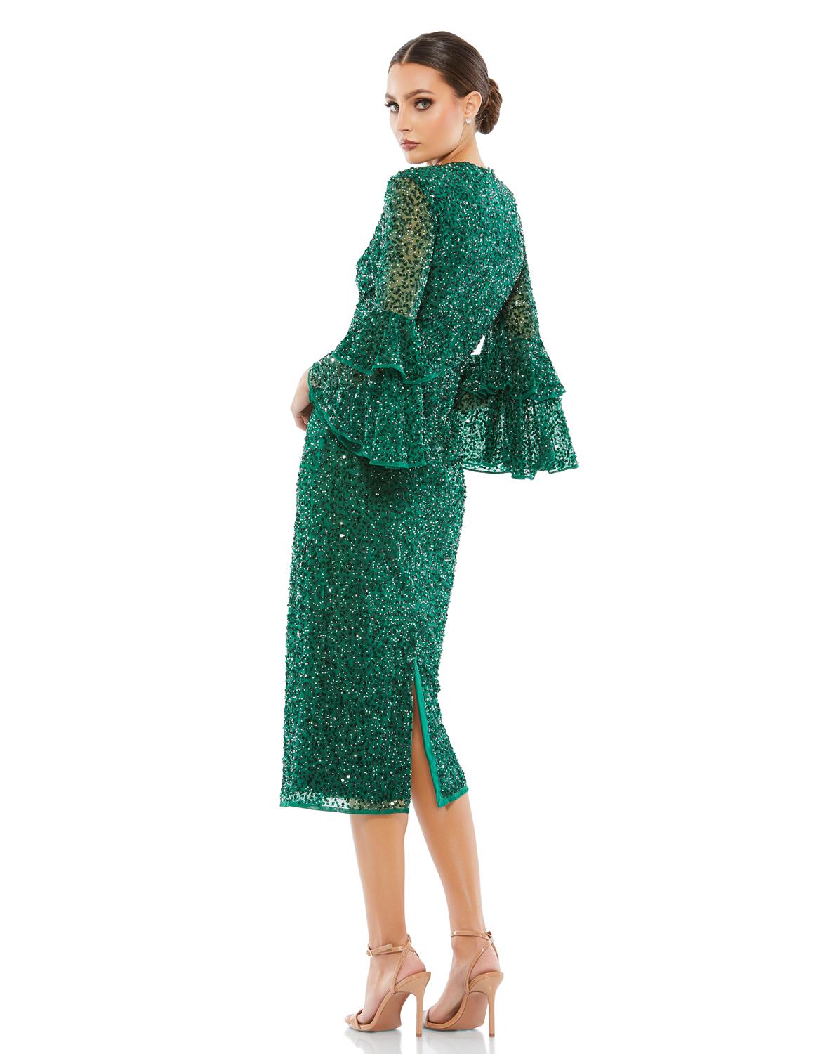Fully Sequined Ruffle Tiered 3/4 Sleeve Midi Dress