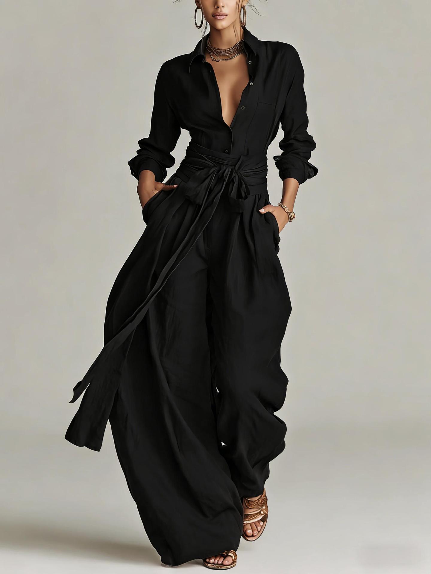 Women's Elegant Brown Woven Cotton-linen Long-sleeved Shirt Collar Jumpsuit With Belt MDA1965L9AN