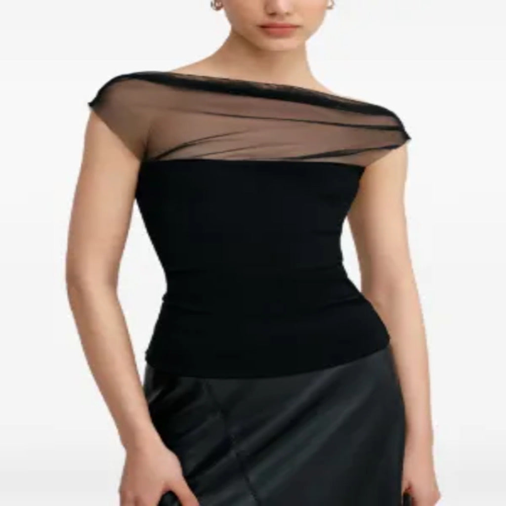 Top Donna Nero Asimmetrico con Tulle