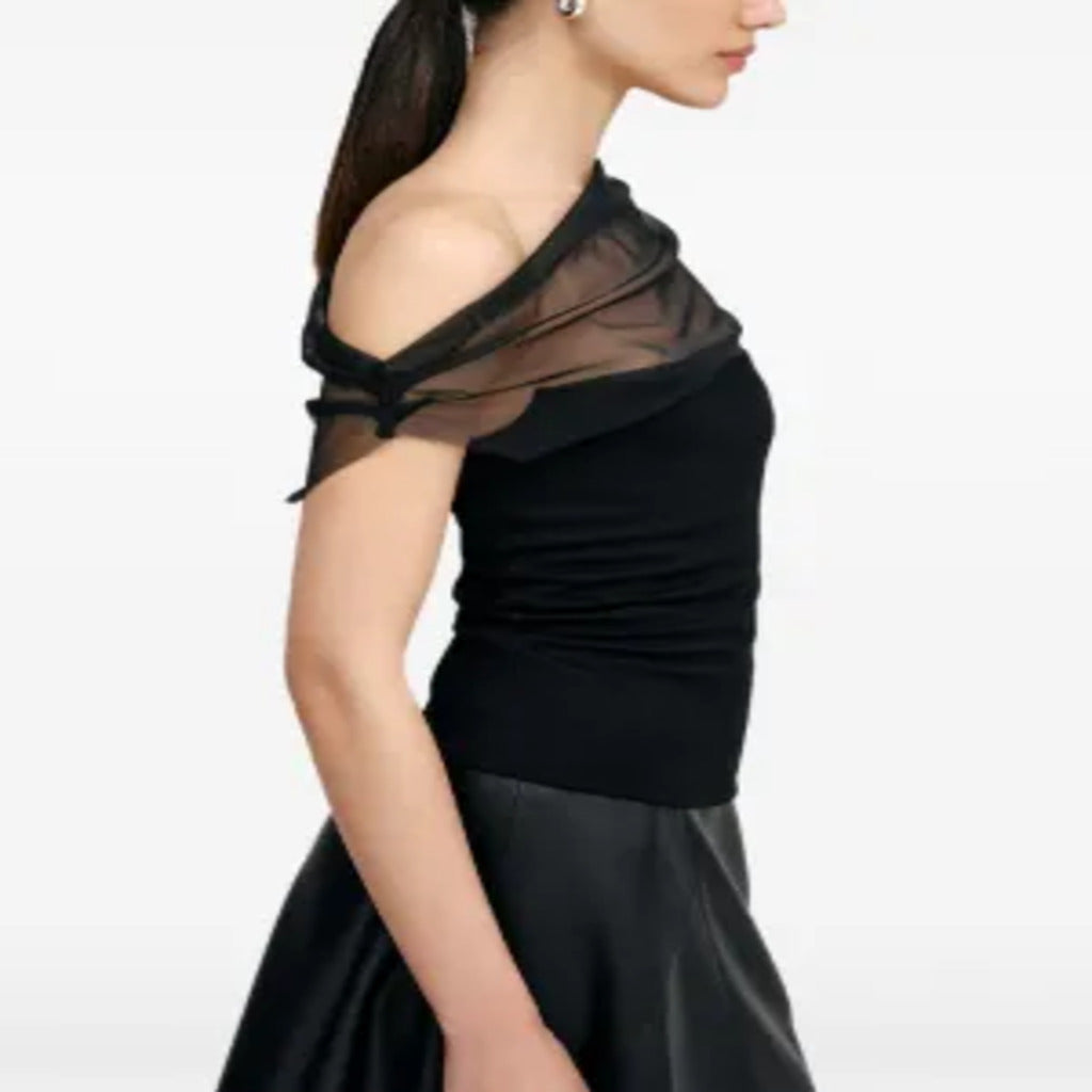 Top Donna Nero Asimmetrico con Tulle