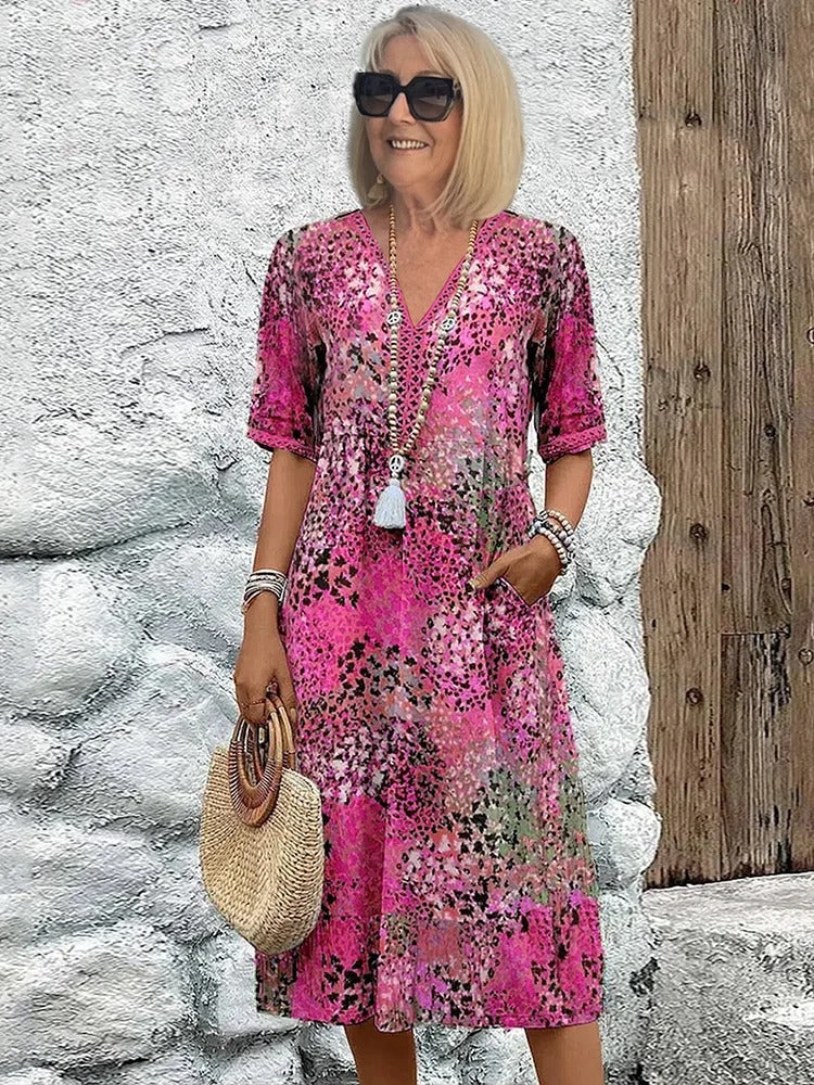 Vacation DRESS Women's Short Sleeve Summer Leopard Lace Dress V Neck Daily Going Out Casual Knee Length A-Line Khaki