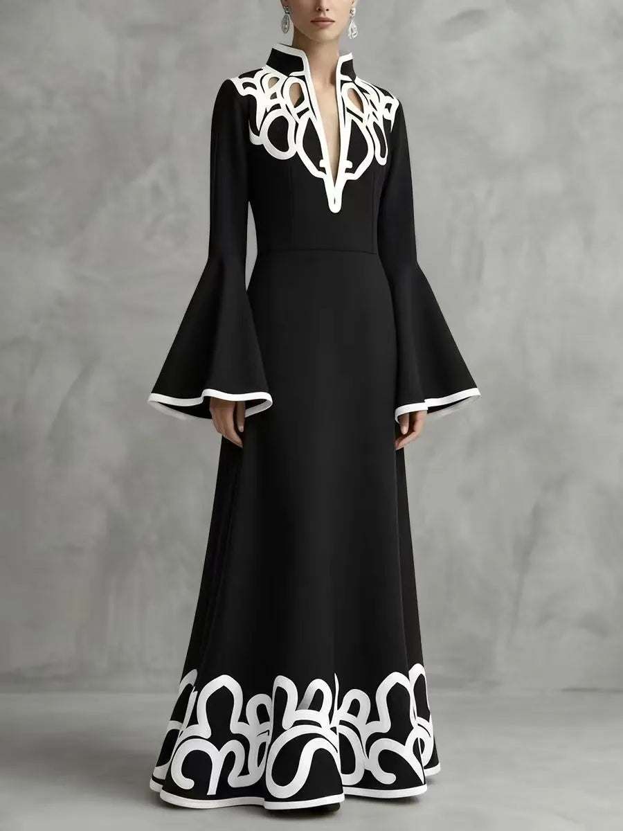 A-Line Flared Sleeves Abstract Printed Contrast Color Hollow Line Split-Joint Stand Collar Maxi Dresses